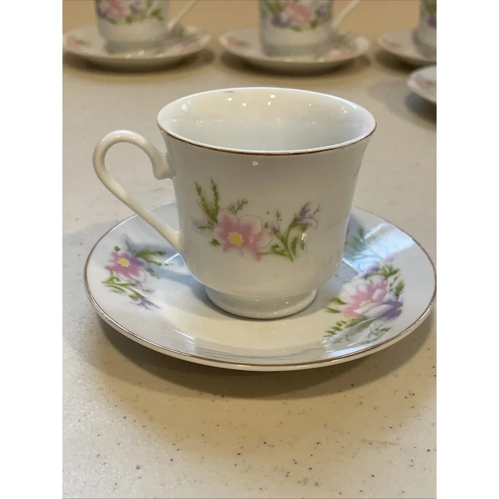Vntg Coffee Espresso Set 6 Cups & Saucers Floral Garden Lady Grace Luceno Canada